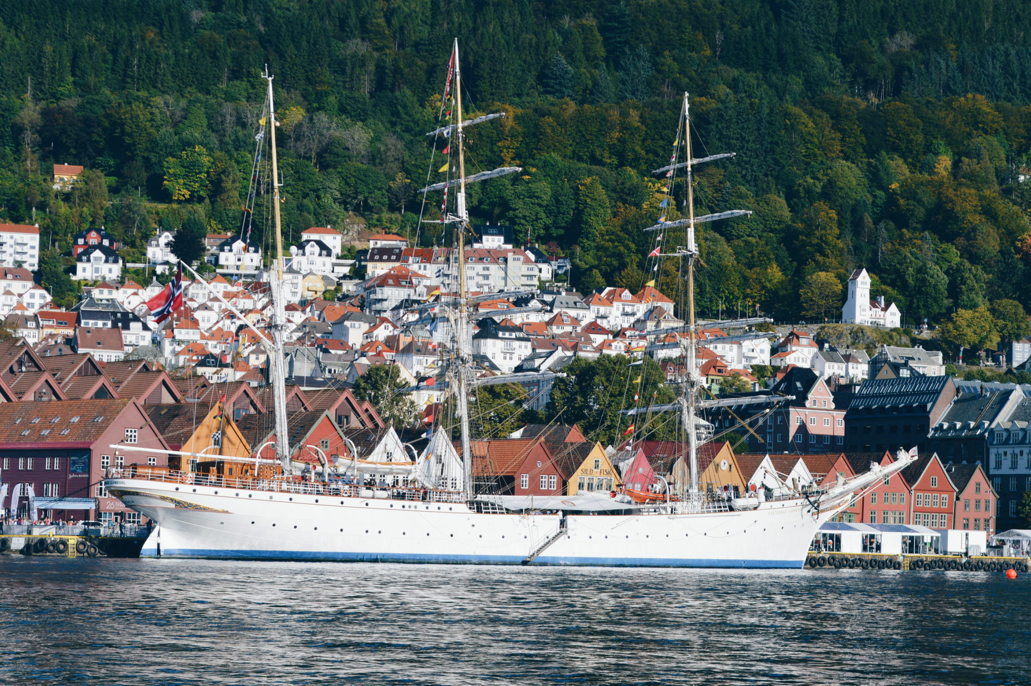 Plachetnice kotvící v Bryggenu