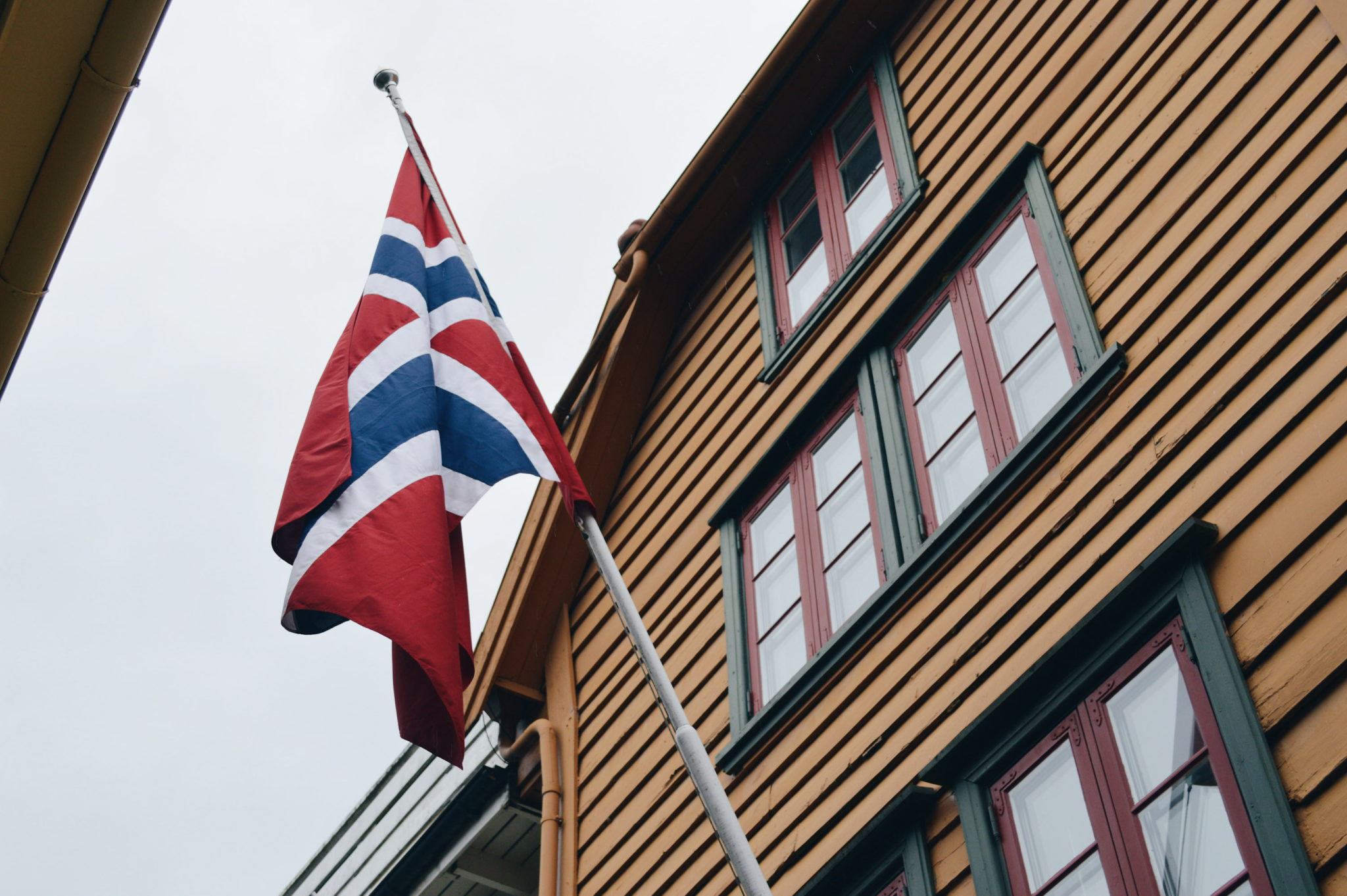 Národní vlajka u dřevěného domku