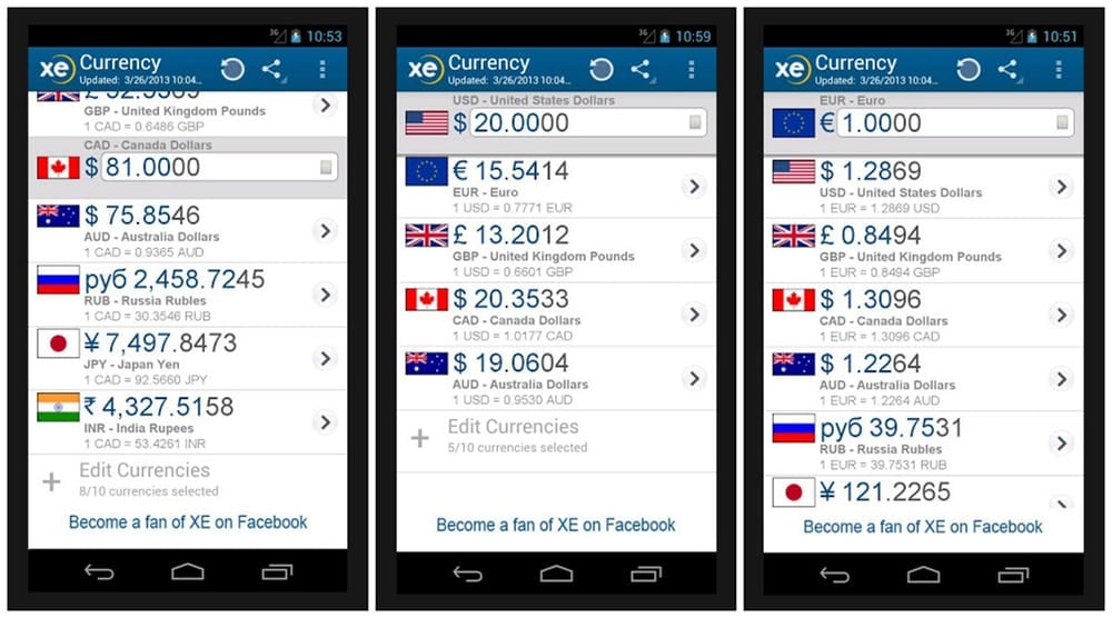 Ukázka mobilní aplikce XE Currency.