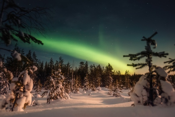 Northern,Lights,Over,Snowy,Forest,Outside,Of,Rovaniemi,,Lapland Z Prahy přímo do vesničky Santa Clause. Nová linka vás zavede do srdce finského Laponska